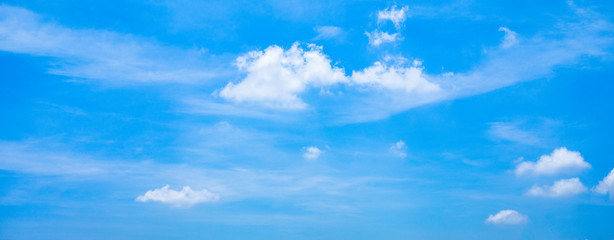 Beautiful panoramic vivid vibrant blue sky with white clouds on a sunny day for web banner.