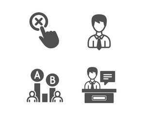 Fototapeta premium Set of Ab testing, Reject click and Businessman icons. Exhibitors sign. Test chart, Delete button, User data. Information desk. Classic design ab testing icon. Flat design. Vector