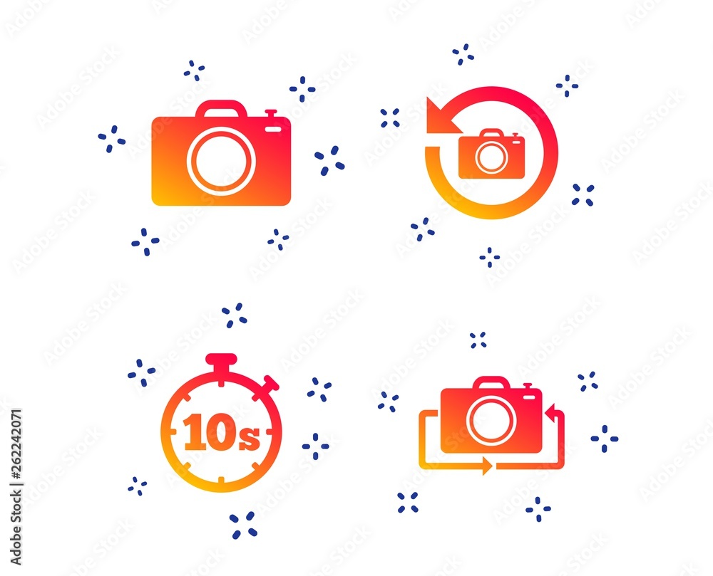 Poster photo camera icon. flip turn or refresh symbols. stopwatch timer 10 seconds sign. random dynamic sha