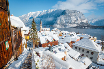 Hallstatt village in winter, Salzkammergut, Austria
