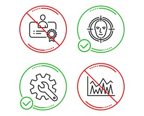 Do or Stop. Certificate, Customisation and Face detect icons simple set. Investment sign. Best employee, Settings, Select target. Economic statistics. Science set. Line certificate do icon. Vector