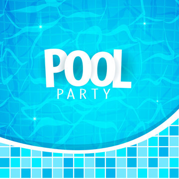 Summer pool party poster template. Water and palms, inflatable yellow mattress. Vector illustration.