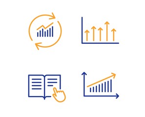 Read instruction, Update data and Growth chart icons simple set. Chart sign. Opened book, Sales statistics, Upper arrows. Science set. Linear read instruction icon. Colorful design set. Vector