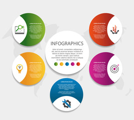 Modern 3D vector illustration. Circular infographic template with five elements. Icons and text. Designed for business, presentations, web design, applications, interfaces, diagrams with 5 steps