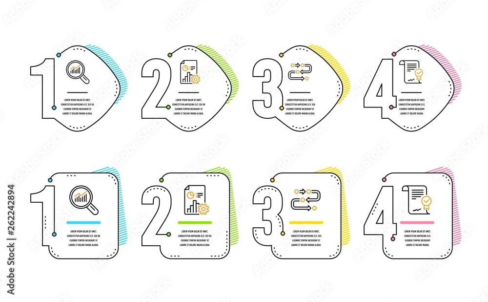Poster report, methodology and data analysis icons simple set. approved agreement sign. presentation docume