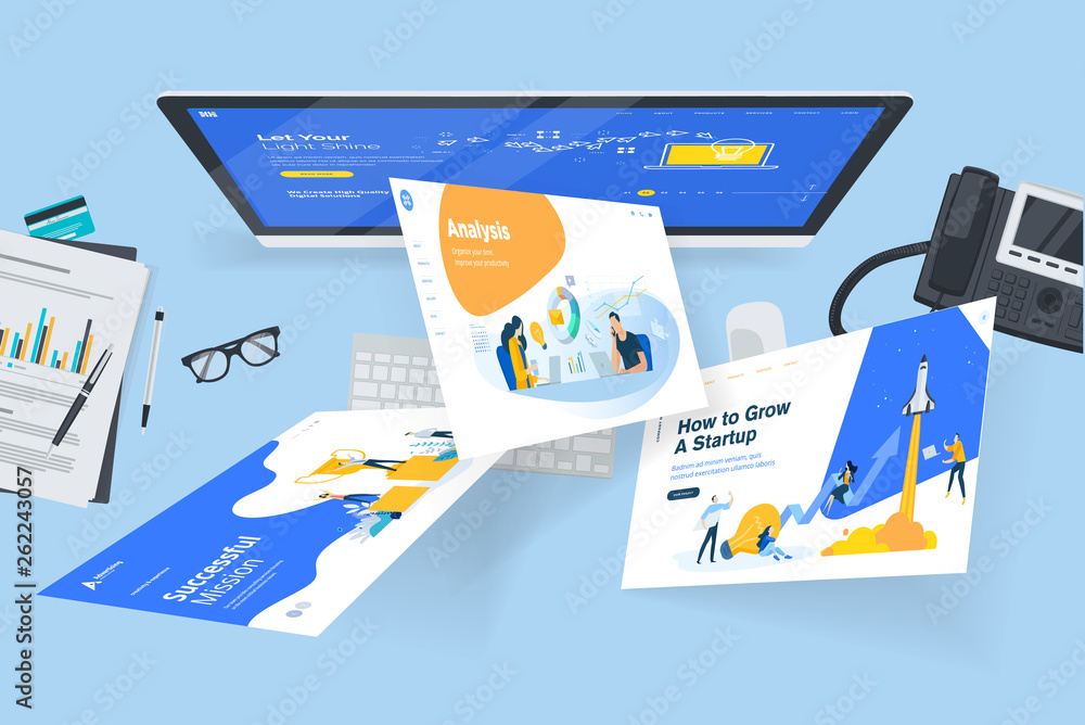 Wall mural creative workspace concept, top view. flat design vector illustration for graphic and website design