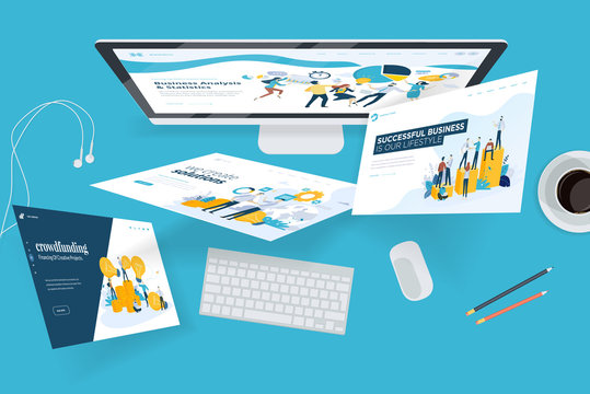 Creative workspace concept, top view. Flat design vector illustration for graphic and website design and development, creative process, business planning, strategy and presentation, internet marketing