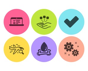 Fototapeta premium Water splash, Web lectures and Search flight icons simple set. Tick, Consolidation and Work signs. Aqua drop, Online test. Flat water splash icon. Circle button. Vector