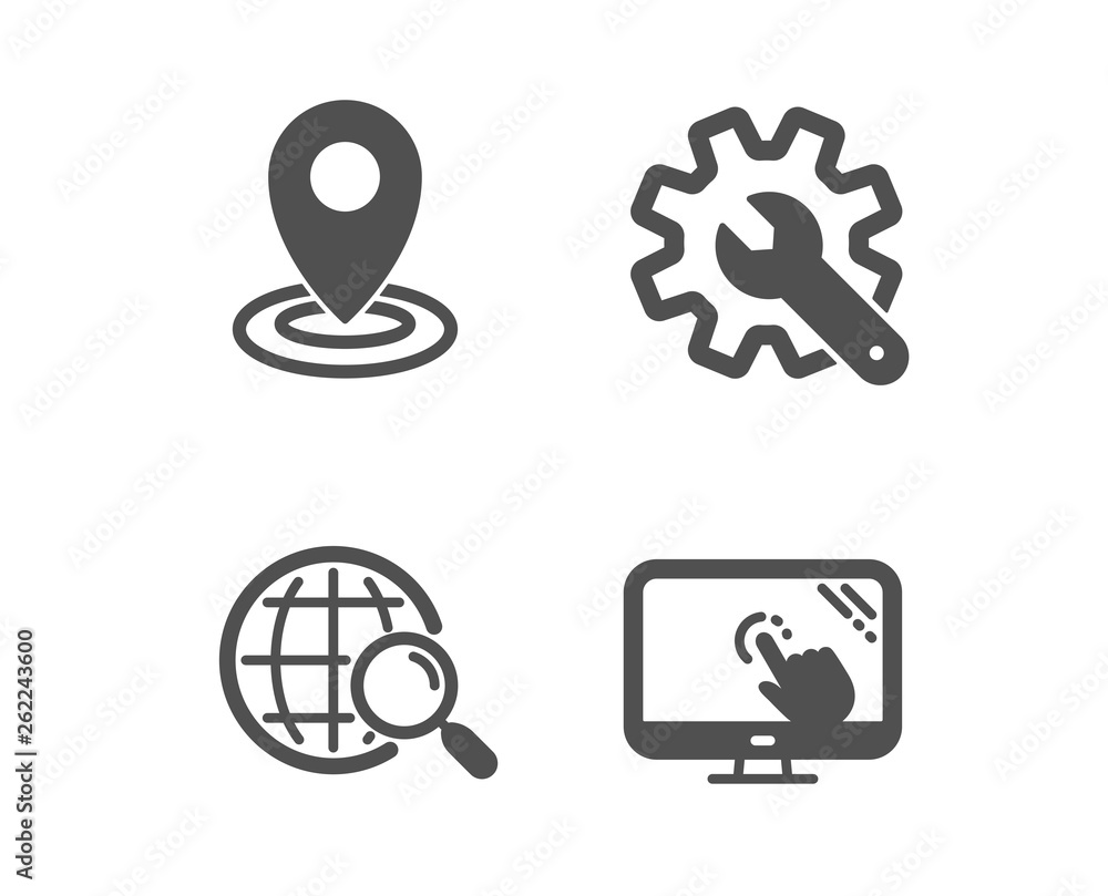 Poster set of customisation, web search and location icons. touch screen sign. settings, find internet, map