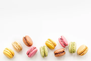 Foto op Canvas sweet dessert pattern with macarons on white background flat lay mockup © 279photo