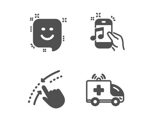 Set of Music phone, Smile and Swipe up icons. Ambulance car sign. Radio sound, Positive feedback, Touch down. Emergency transport.  Classic design music phone icon. Flat design. Vector