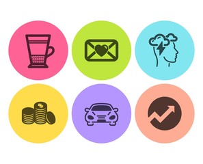 Car, Double latte and Mindfulness stress icons simple set. Valentine, Banking money and Audit signs. Transport, Tea cup. Flat car icon. Circle button. Vector