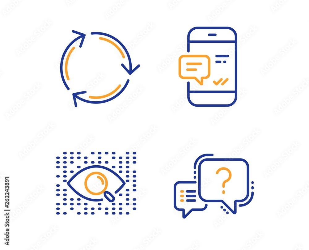 Poster smartphone notification, recycling and artificial intelligence icons simple set. question mark sign.