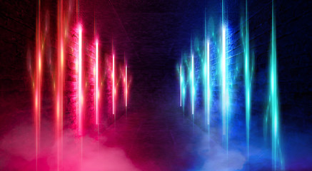 Light tunnel, dark long corridor room with neon lamps. Abstract blue and red neon, background with smoke and neon light. Concrete floor, symmetrical reflection and mirroring. 3D illustration.