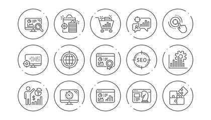 Fototapeta premium Seo line icons. Increase sales, Business strategy and Search optimization. Analytics linear icon set. Line buttons with icon. Editable stroke. Vector