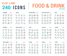 Fototapeta na wymiar Collection Linear Icons of Food and Drinks.