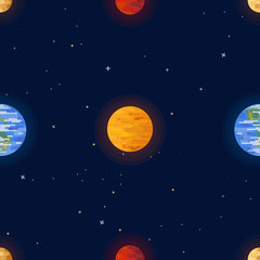 Obraz na płótnie Canvas Space print. Seamless vector pattern. Different colored planets of the Solar system and stars.