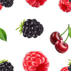 Blackberry cherry and raspberry seamless pattern. 3d realistic vector berries.