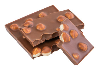 chocolate pieces with nuts isolated on white background