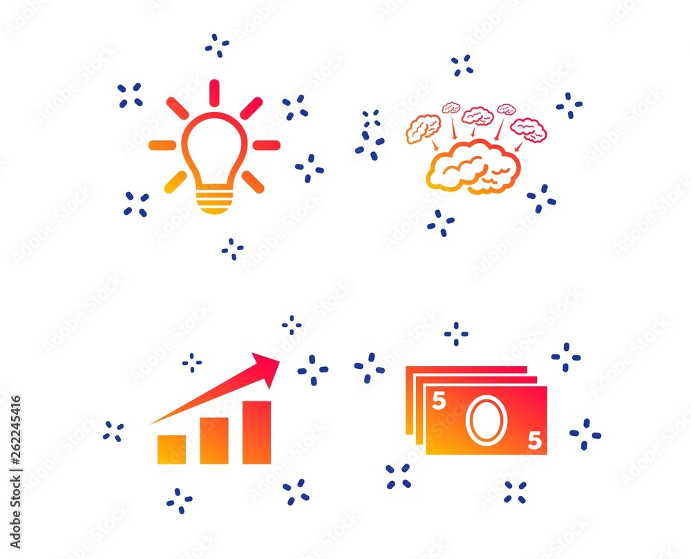 Poster chart with arrow, brainstorm icons. cash money and lamp idea signs. scheme and diagram symbol. rando