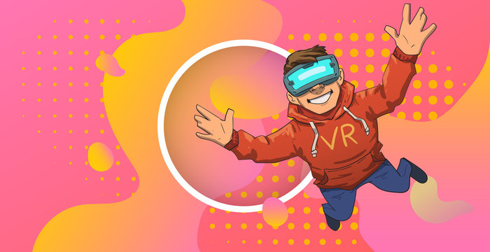 Young guy in VR headset flying on colorful abstract neon background with circle in the middle. Happy kid playing in virtual reality. Colorful flat vector illustration. Horizontal.