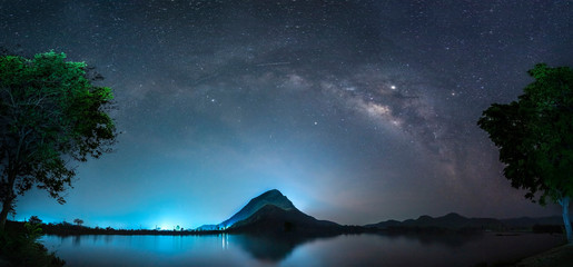 Night sky with stars and The Milky Way is above the mountain and reflection on the water (Lam Isu...