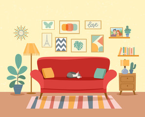 Interior living room with bookcase,sofa, houseplant. Vector flat illustration