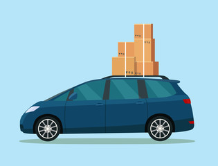 Minivan with boxes.  Vector flat style illustration
