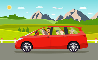 Fototapeta na wymiar Funny family driving in minivan on weekend holiday. Summer landscape.Vector flat style illustration