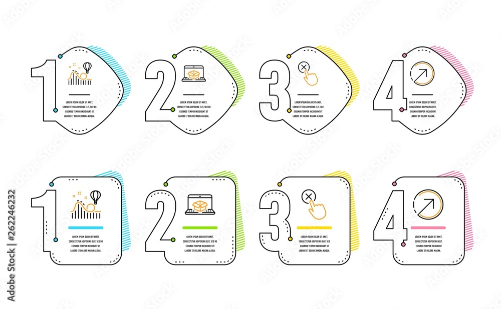 Poster online delivery, reject click and roller coaster icons simple set. direction sign. parcel tracking w
