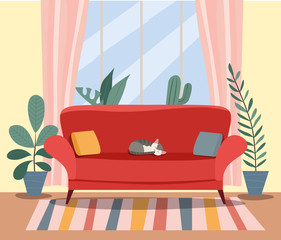 Living room with sofa and houseplants. Vector flat style illustration