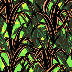 Jungle background with silhouette of paradise tropic and banana leaves