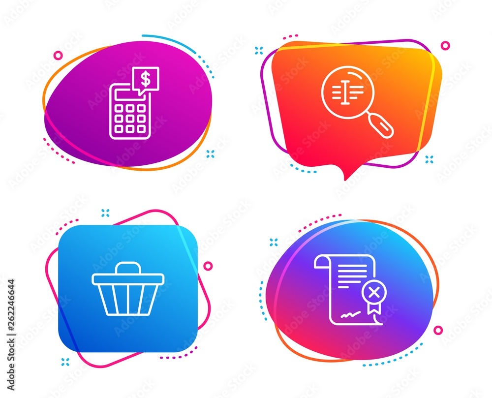 Poster calculator, shop cart and search text icons simple set. reject certificate sign. money management, w