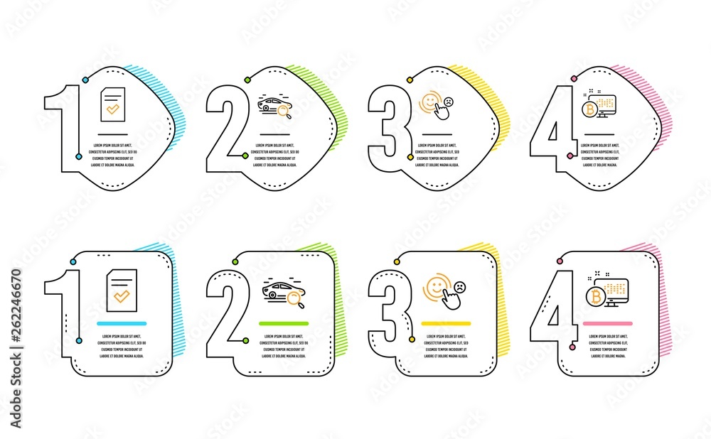 Poster search car, checked file and customer satisfaction icons simple set. bitcoin system sign. find trans