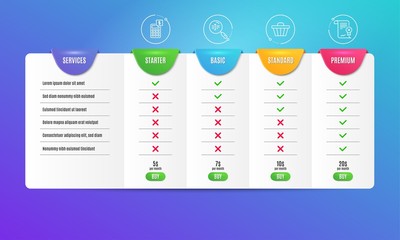 Calculator, Shop cart and Search text icons simple set. Comparison table. Reject certificate sign. Money management, Web buying, Find word. Decline file. Technology set. Pricing plan. Vector