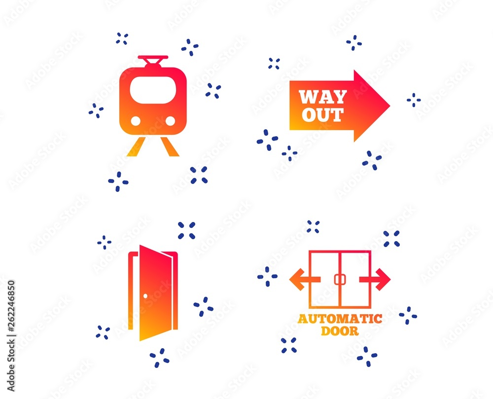 Poster train railway icon. automatic door symbol. way out arrow sign. random dynamic shapes. gradient train