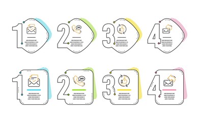 24h service, Approved mail and Refresh like icons simple set. Share mail sign. Call support, Confirmed document, Thumbs up counter. New e-mail. Technology set. Infographic timeline. Vector