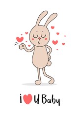 Cute bunny with many small love hearts. Funny cute Valentine vector greeting card