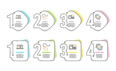 Instruction info, Web lectures and Computer mouse icons simple set. Call center sign. Project, Online test, Pc device. Phone support. Technology set. Infographic timeline. Line instruction info icon