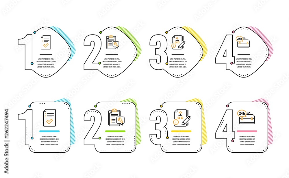 Poster approved checklist, spanner and algorithm icons simple set. 24h service sign. accepted message, repa
