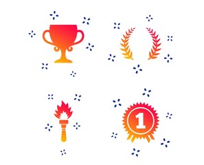 First place award cup icons. Laurel wreath sign. Torch fire flame symbol. Prize for winner. Random dynamic shapes. Gradient prize icon. Vector