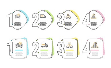 Free delivery, Ship and Car leasing icons simple set. Roller coaster sign. Shopping truck, Shipping watercraft, Transport discount. Attraction park. Transportation set. Infographic timeline. Vector
