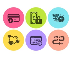 Web timer, Quick tips and Heart icons simple set. Change card, Private payment and Methodology signs. Online test, Helpful tricks. Technology set. Flat web timer icon. Circle button. Vector