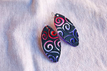 Handmade bright colorful earrings, creative shape. Polymer clay jewelry. Fashion trendy accessory.