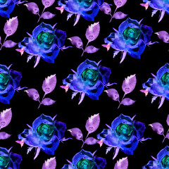 Fototapeta na wymiar Watercolor blue roses with leaves