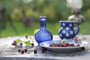 blue small bottle and blue white polka dot pitcher