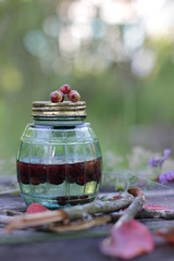 blue small bottle and blue white polka dot pitcher