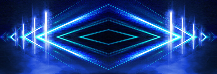 Fototapeta na wymiar Tunnel in blue neon light, underground passage. Abstract blue background. Background of an empty black corridor with neon light. Abstract background with lines and glow. 3D illustration.