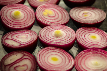 Red onion. juicy fresh vegetable cut, slices. food background. top view