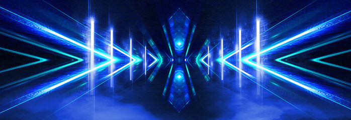 Tunnel in blue neon light, underground passage. Abstract blue background. Background of an empty black corridor with neon light. Abstract background with lines and glow. 3D illustration.